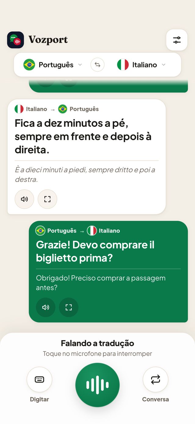 Tela do Vozport com uma conversa entre português e italiano: cada balão mostra a tradução em letras grandes e a frase original embaixo.