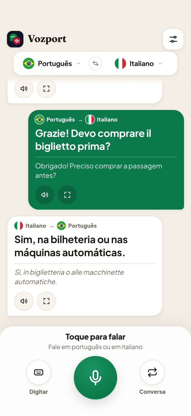 Conversa com mensagens em italiano e em português, cada uma traduzida na sua direção.