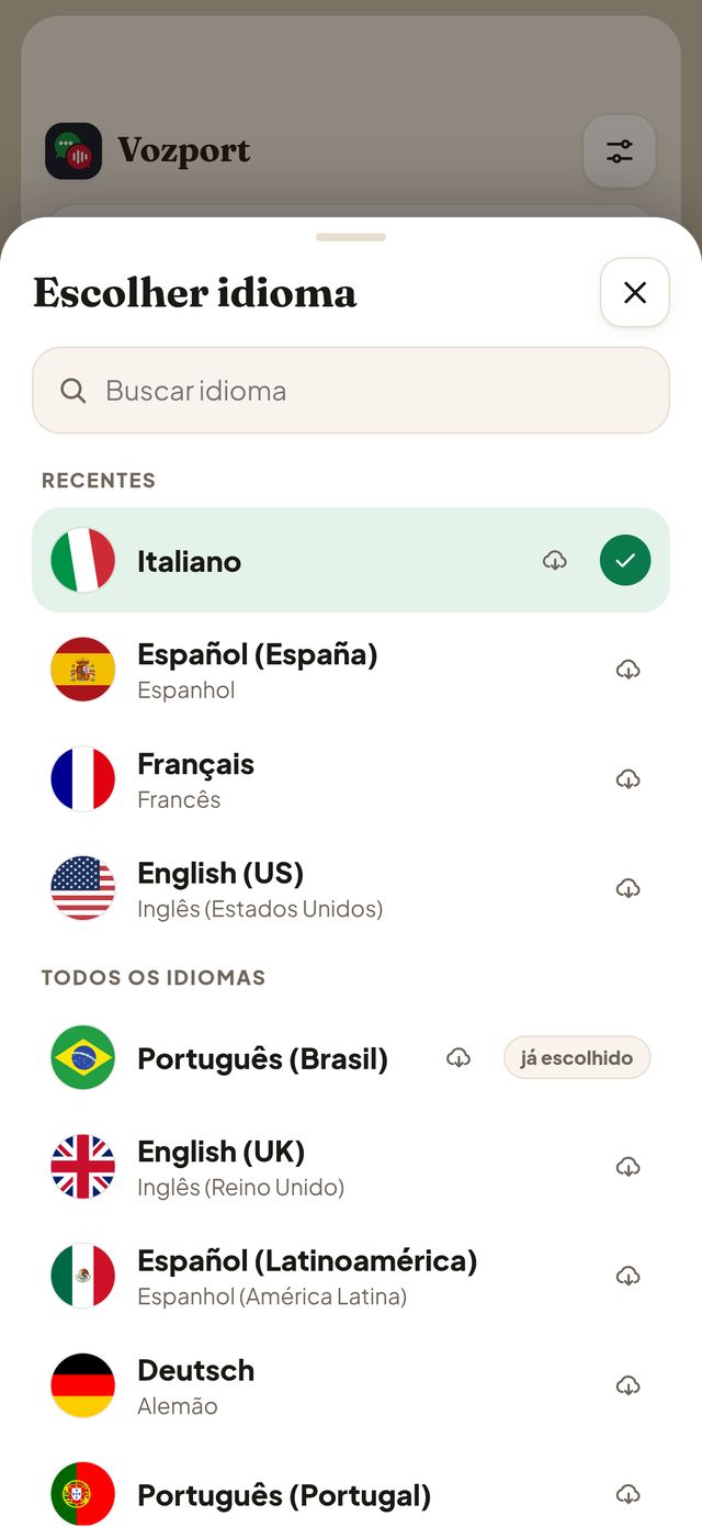 Lista de idiomas do Vozport, com bandeiras e busca.