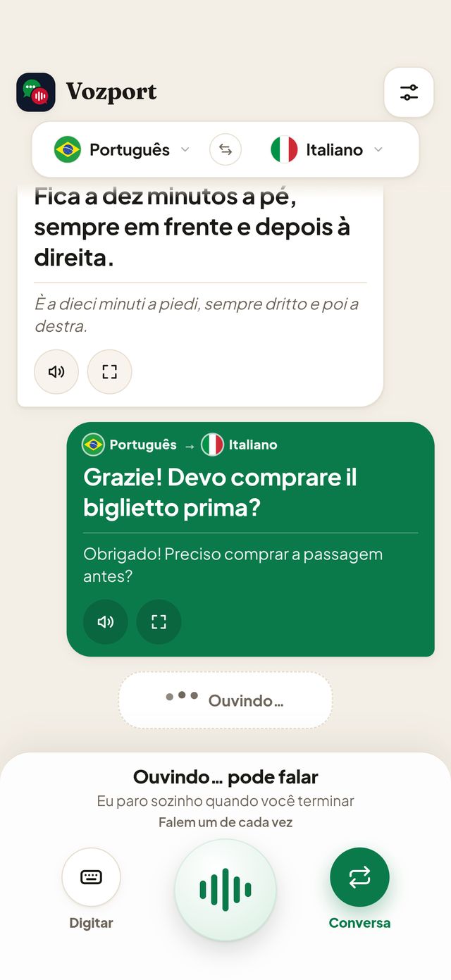 Vozport ouvindo: o microfone mostra a onda da voz e o aviso “Ouvindo… pode falar”.