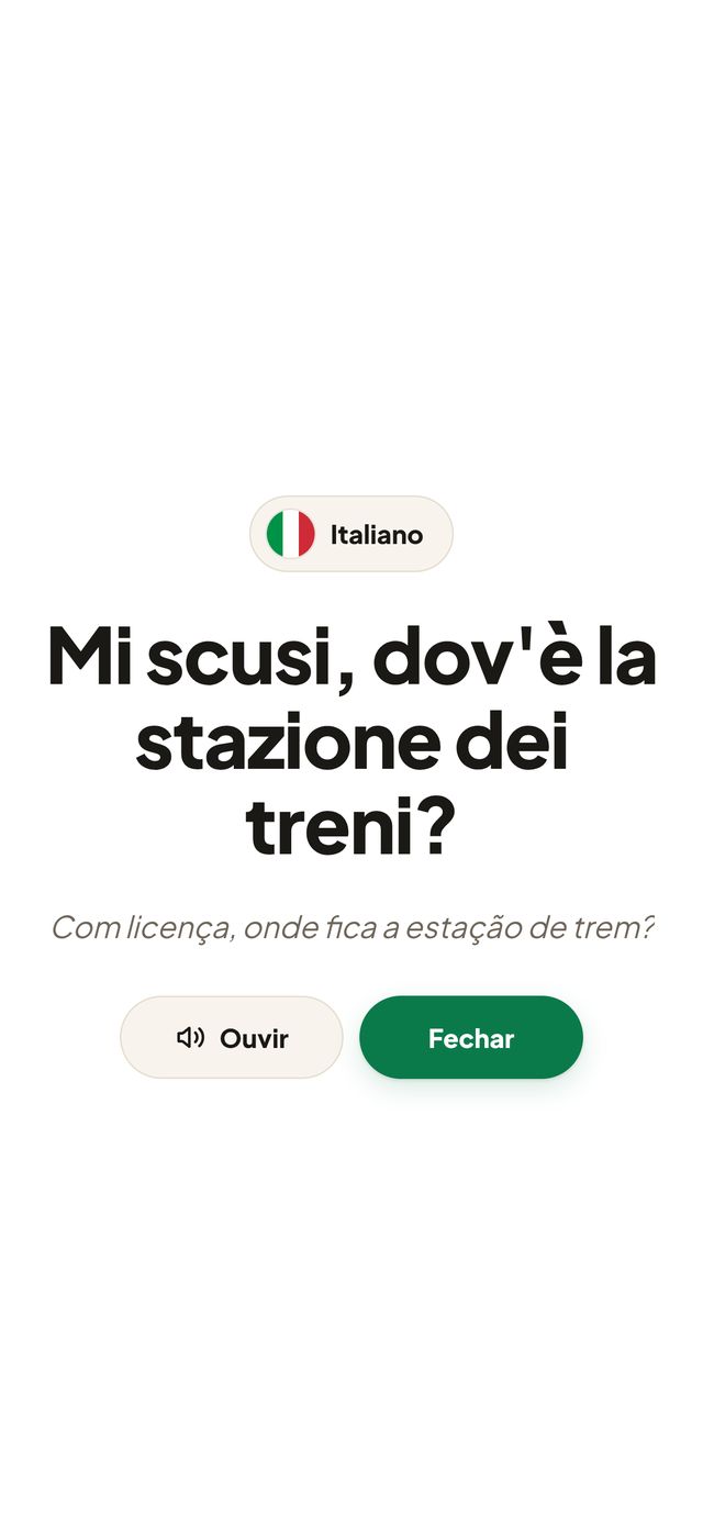 Tela cheia do Vozport com a frase em italiano em letras grandes e a tradução em português embaixo.