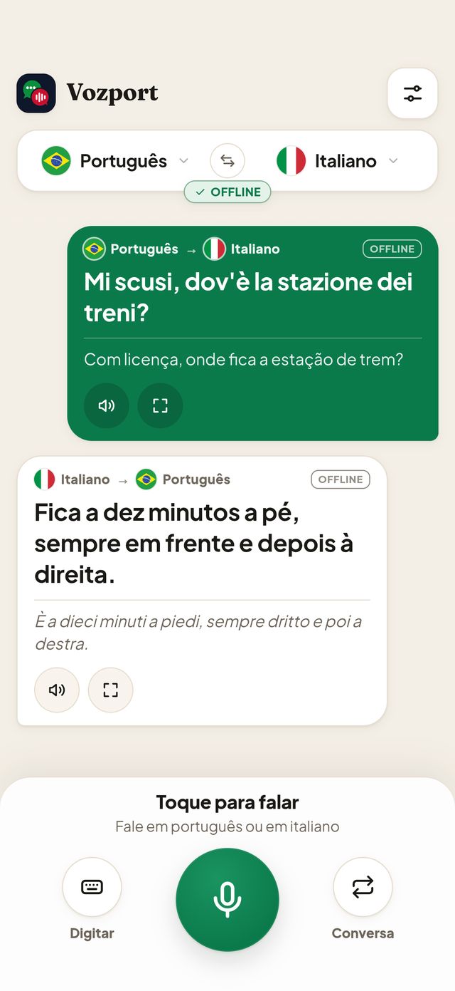 Conversa traduzida no Vozport com o selo “Offline”, sem conexão com a internet.